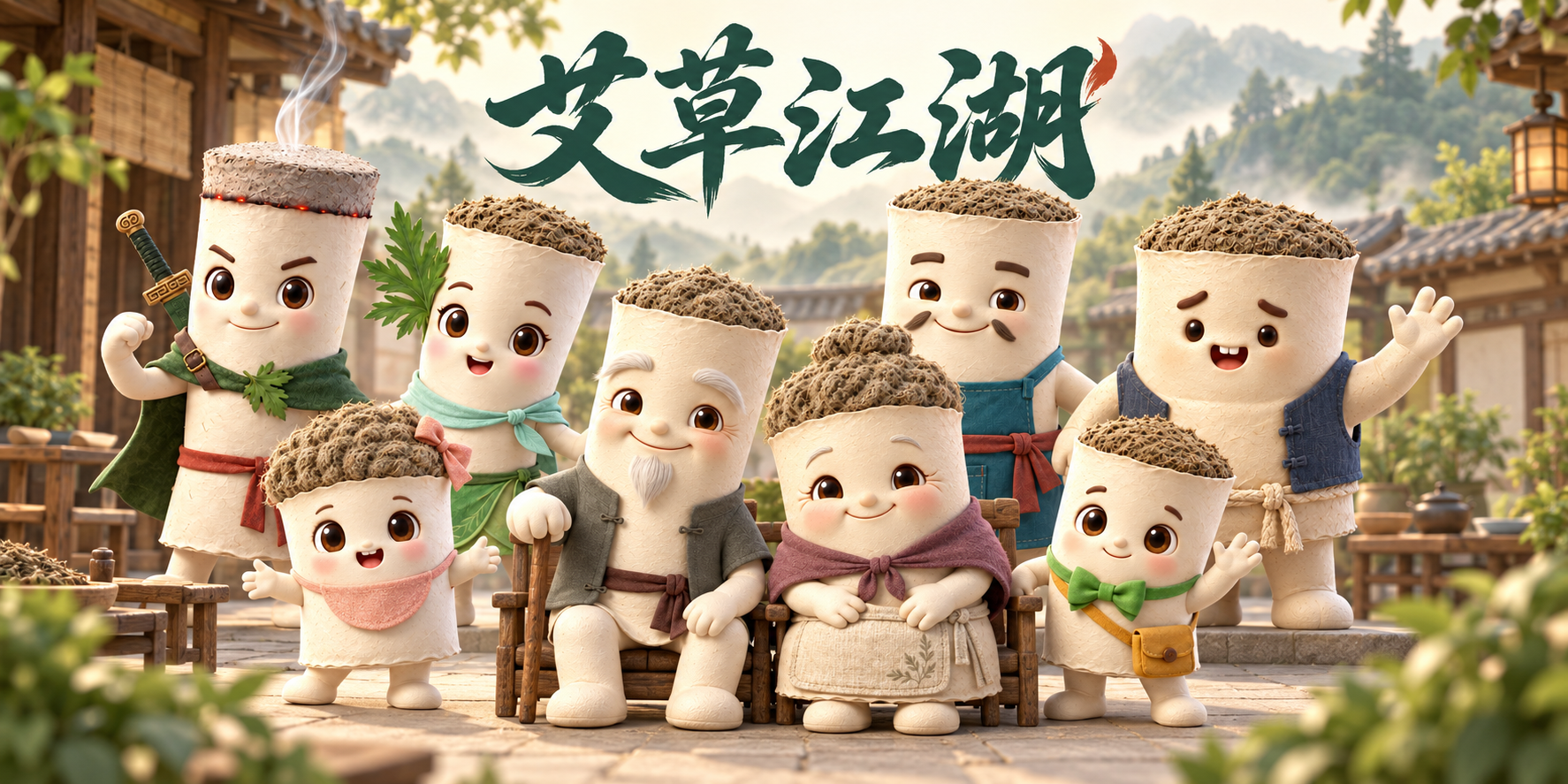 艾草江湖八位艾条角色合影，长辈坐在前排
